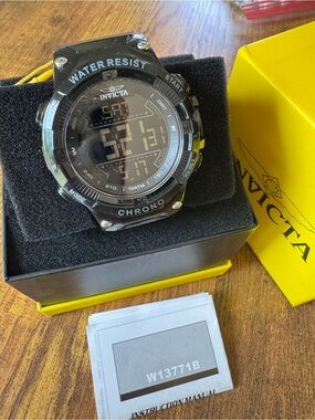 Invicta Black Digital Chronograph Watch with Blue Accents